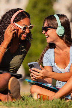 Teenage girls enjoying outdoor study session together