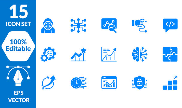 Technology and data analysis blue icon set featuring business growth and digital concepts