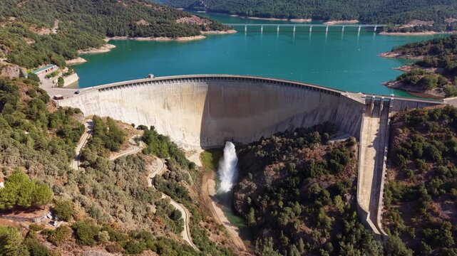 Aerial view of Baells Dam in Catalonia, Spain, releasing a powerful jet of water from its base into a forested gorge, with turquoise reservoir and road bridge behind