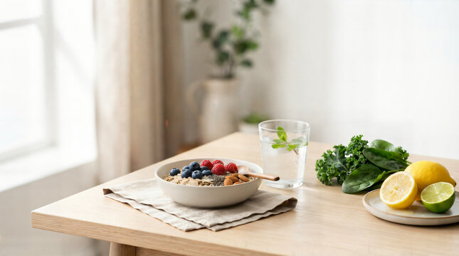 Healthy oatmeal bowl with fresh berries kale and lime on wooden table, porridge