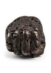Naklejka premium Metallic Meteorite Sculpture Shaped Like a Clenched Fist Isolated on White Background - Strength and Power Concept