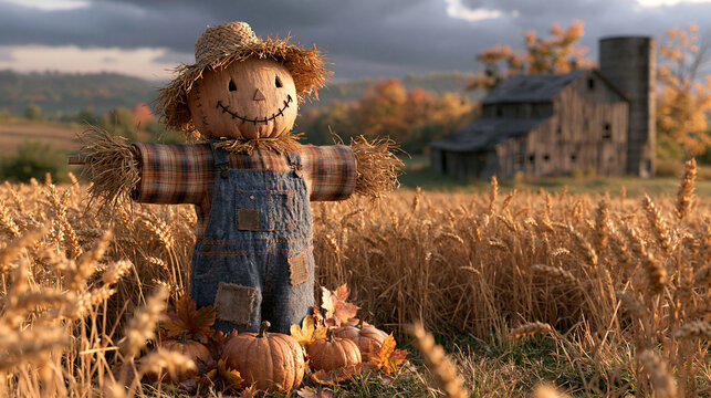 Rustic Autumn Field with Scarecrow Barn and Golden Crops