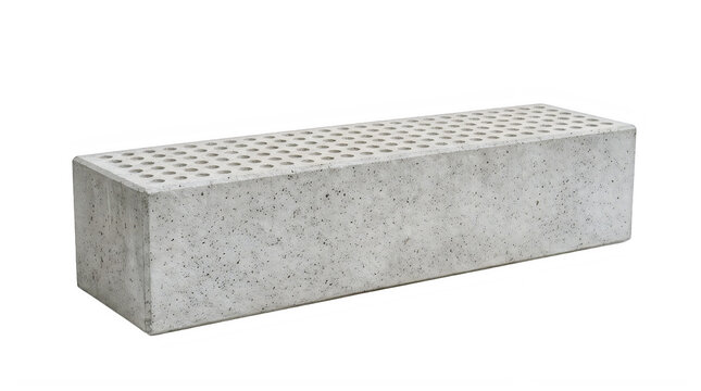 Single gray concrete building block with holes isolated on a clear transparent background