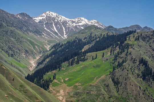 Scenic mountain landscape view with snowcapped peak near Naran, Kaghan valley, Khyber Pakhtunkhwa, Pakistan