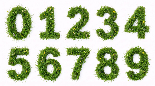 Green Grass Numbers and Digits Set Isolated on White Background
