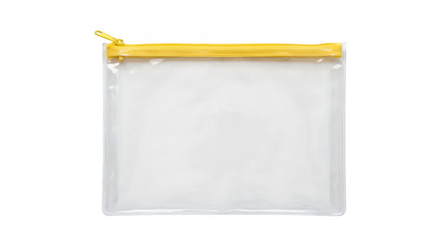 Clear plastic zip lock bag with yellow zipper isolated on transparent background