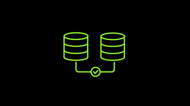 Database Network Sync Connection Icon, Two database storage units connected with check mark sync line icon animation.