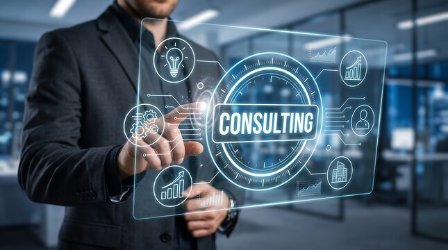 Professional business consultant interacting with a holographic interface displaying modern corporate icons like lightbulb gears and building graphics for strategic business planning