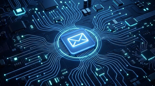 Glowing envelope icon centered on a high tech computer motherboard representing secure digital mail delivery and advanced network connectivity for modern internet communication systems