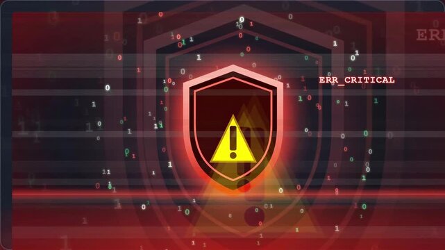 Digital security shield with warning alert and data breach notifications on a binary code background