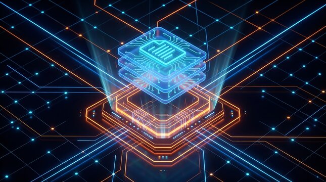 Digital file chip module hovering above a glowing processor on a dark circuit grid interface symbolizing integrated data storage and high performance computing hardware solutions