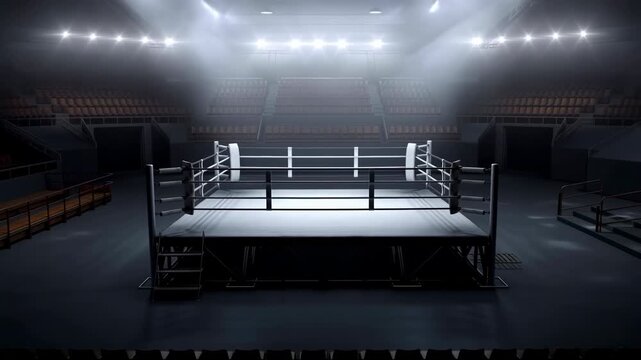 neutral empty boxing ring with lights in indoor arena side view. white and black textured matting, metal framework. sports events, boxing promotions, clean commercial background.