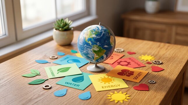Sustainability with earth globe and colorful paper cards, environment water energy society icons, ecological balance education, green future planning, renewable resources