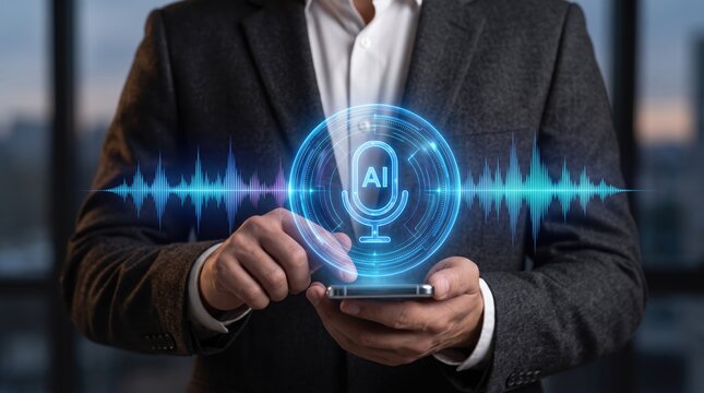 Businessman using smartphone with artificial intelligence voice assistant, holographic interface and sound waves for digital communication technology concept.