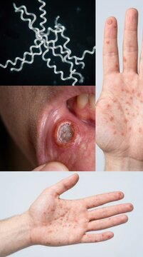 Infectious venereal pathology: Syphilis symptom, Treponema Pallidum, bacterial spirochete, cutaneous rash, oral chancre, human hand, medical condition, skin ulcer, male patient.