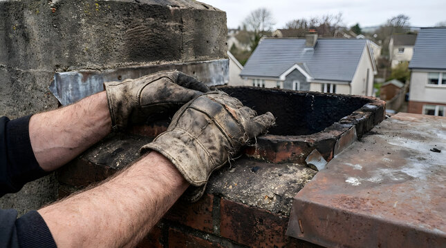 Professional chimney sweep maintenance service | Close up of soot covered work gloves on rooftop | Cleaning fireplace chimney flues for fire safety | Residential chimney repair and inspection services