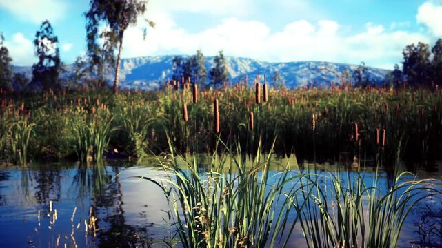 Mountainbacked pond with cattails and vibrant sunlight, blue sky and distant ridgelines reflected in rippling water, ideal setting for hiker pause, landscape