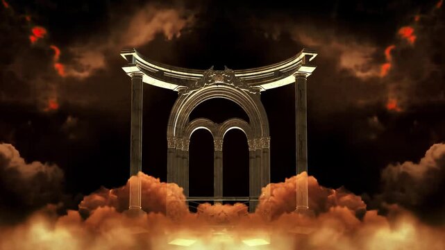 Dark ancient temple arch surrounded by glowing golden clouds, creating a majestic fantasy atmosphere for cinematic backgrounds, mythology, and motion design.