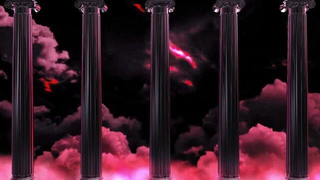 Gothic architectural columns emerging through glowing pink clouds with dramatic lightning, ideal for fantasy environments, cinematic backgrounds, and visual effects.