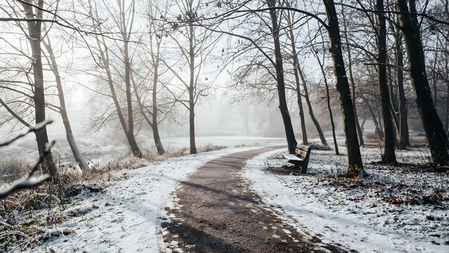 Misty Winter Pathway with Snow and Frosty Trees in Tranquil Setting