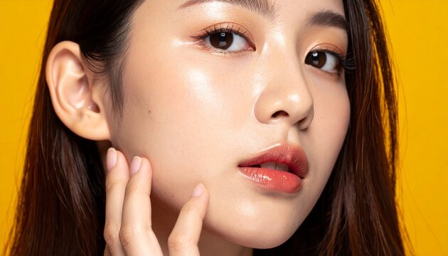 日本人10代美女・美肌クローズアップ・指先頬タッチ・黄色背景・美容広告 / Japanese Teenage Beauty Close-Up &mdash; Oval Face, Large Gentle Eyes, Fingers on Cheek, Yellow Background, Beauty Ad