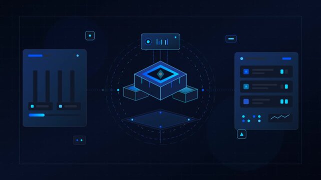 Abstract Isometric HUD Tech Interface with Holographic Data Visuals and Analytics
