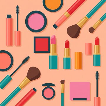 Flat lay vector illustration of cosmetics and makeup tools.