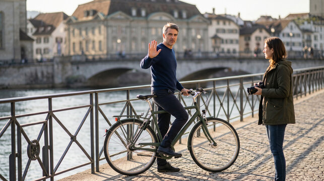 Cyclist Adjusts Photo Framing on a European Riverside Promenade