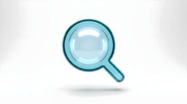 Teal glass magnifying glass icon in glossy 3D transparent style symbolizing search zoom and discovery isolated on white background for app design