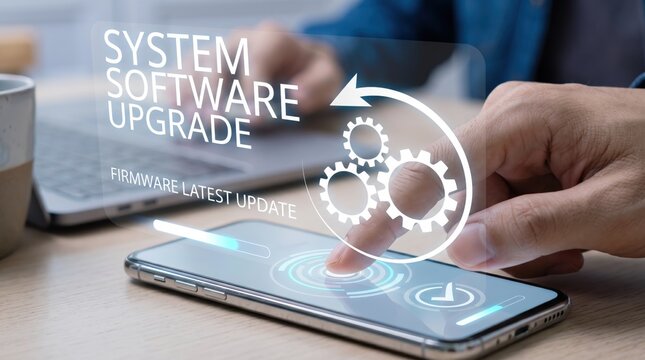 System software upgrade concept on smartphone screen, firmware latest update process, gears icon symbolizing maintenance, technology and mobile device optimization background.