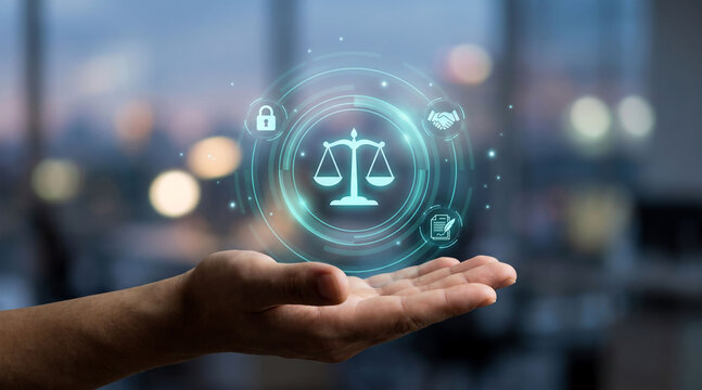 Digital legal justice interface glowing brightly above open human palm showing icons of balance scale handshake lock and signed document