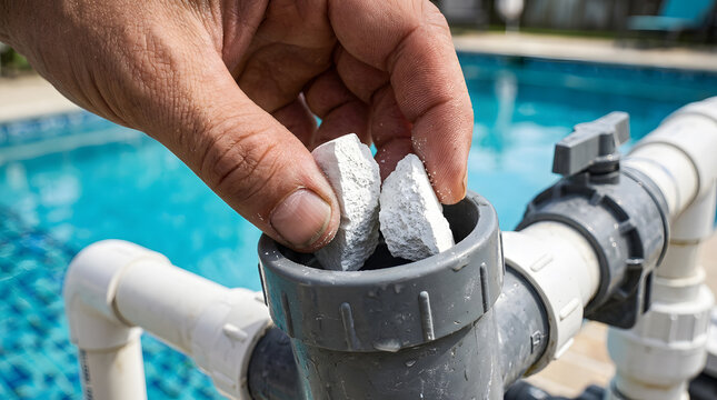 Hand putting chlorine tablets in pool dispenser | Swimming pool water chemical maintenance | Chlorine chlorinator feeding system | Maintaining pool water chemistry balance