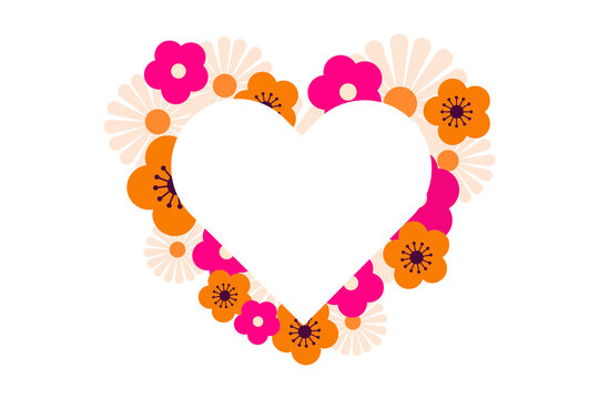 Decorative floral heart wreath made from colorful flowers and botanical elements. Romantic border for wedding invitations, Valentine&rsquo;s Day designs, anniversary cards, greeting cards, posters. High-res