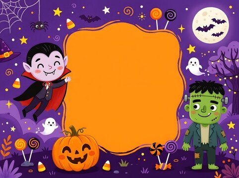 Cute cartoon halloween frame with vampire frankenstein monster and jack o lantern on purple background