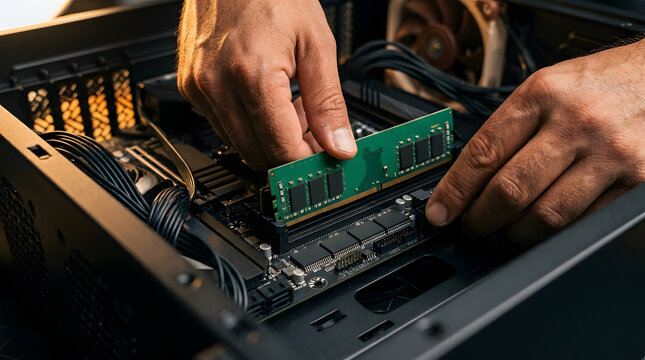 Technician installing DDR4 RAM module into motherboard | Upgrading computer memory for better performance | Close-up of hands building a custom gaming PC | Professional IT hardware repair service
