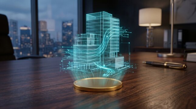 Property Tokenization Concept with Golden Coin Projecting 3D Holographic Modern Building Blueprint