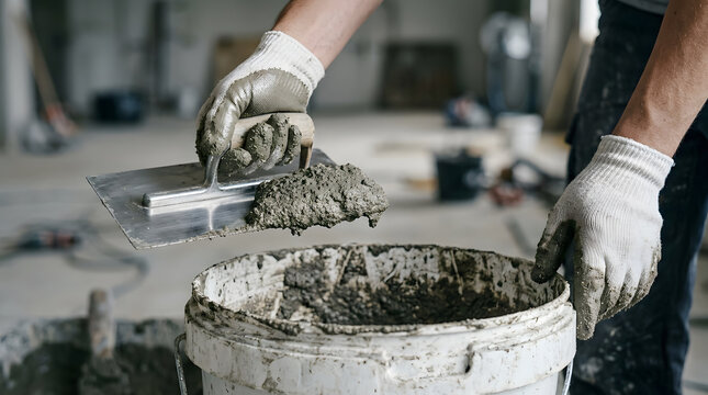 construction worker scooping wet concrete mix | masonry tools for professional wall plastering | manual cement application with metal trowel | home renovation flooring and masonry work