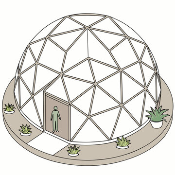 Isometric geodesic greenhouse with potted plants greenhouse geodesic architecture isometric