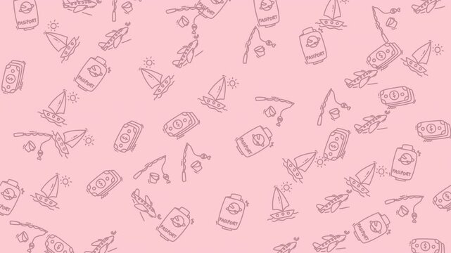 Fishing gear symbols create a light pink nautical pattern representing a relaxing outdoor hobby for enthusiasts.