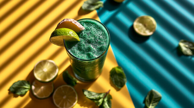 Green Smoothie Beverage with Fresh Lime and Mint Leaves