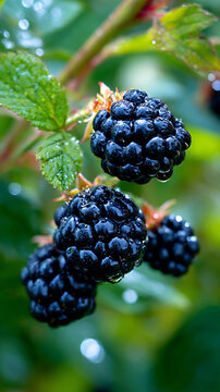 Fresh blackberries with droplets of water on green leaves, showcasing ripe fruit hanging on a thorny stem in a natural garden setting