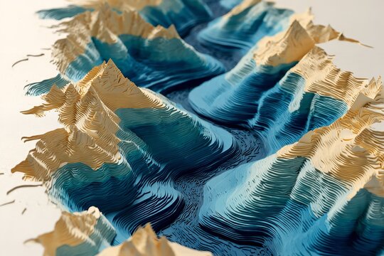3D Topographic Map Cutout of Mountain Range and River Valley with Layered Paper Effect