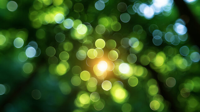 Green Nature Bokeh Background with Sunlight Filtering Through Leaves