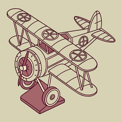 Isometric vintage biplane model on a display stand with airplane aircraft isometric aviation © md