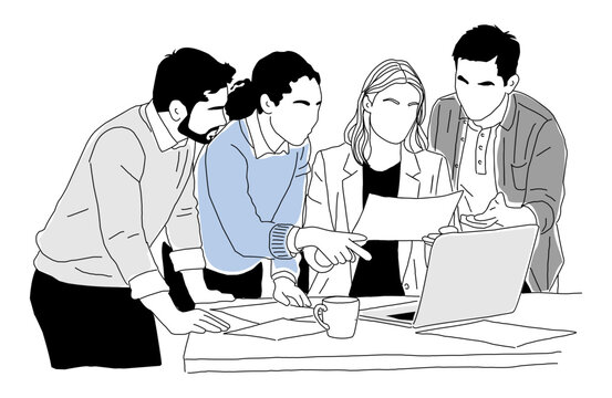Four professionals gather around a desk, focused on a laptop. They point and discuss documents, showing teamwork and collaboration