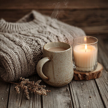Cozy scene featuring a steaming cup of tea beside a lit candle and a knitted sweater on a rustic wooden surface with dried flowers for a warm atmosphere