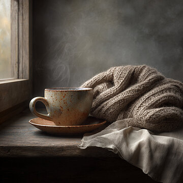 Rustic ceramic cup with steam on a wooden windowsill beside a cozy knitted sweater and soft fabric, creating a warm and inviting atmosphere in a natural light setting
