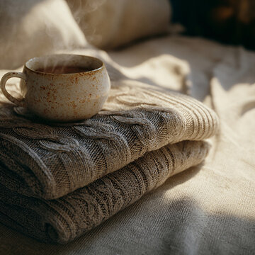 Cozy scene featuring a steaming cup of tea on top of neatly folded knitted blankets, illuminated by soft natural light in a warm indoor setting