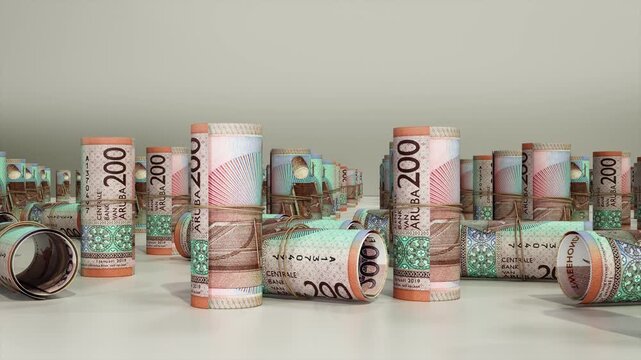 Rolled Aruba 200 Florin Banknotes with Slow Camera Movement, Realistic Currency Animation, Stock Video for commercial