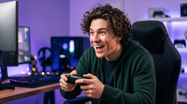 Modern and elegant showcase of excited man playing video games at a dark gaming setup, perfect for digital themes and engaging